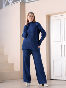 Kvetoo - Women Woolen High Neck Winter Co-Ord Set Blue