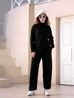 Kvetoo - Women Woolen High Neck Winter Co-Ord Set Black