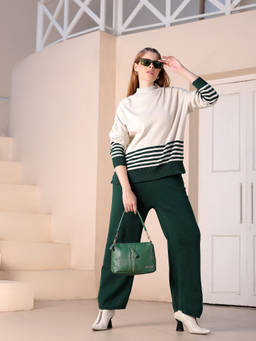 Kvetoo - Women Woolen High Neck Winter Co-Ord Set Green