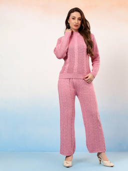Kvetoo - Women Woolen High Neck Winter Co-Ord Set Pink