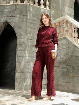 Kvetoo - Women Woolen High Neck Winter Co-Ord Set Wine