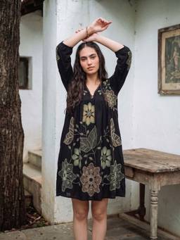 ZUMMER - Rayon Black Embroidered Empire Dress