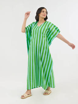 Phutari - Bubble Gum Aqua Hand Screen Printed Kaftan Dress