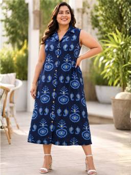 Indietoga - Women Plus Size Motifs Print Cotton A-Line Dress Blue