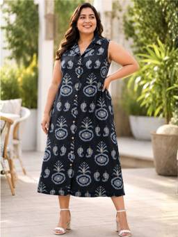 Indietoga - Women Plus Size Motifs Print Cotton A-Line Dress Black