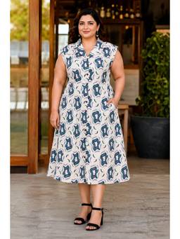 Indietoga - Womens Plus Size Geometric Printed A-Line Cotton Dress White
