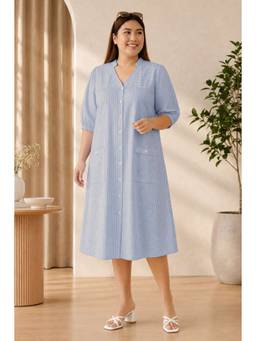 Indietoga - Womens Plus Size Striped Cotton A-Line Shirt Dress Blue