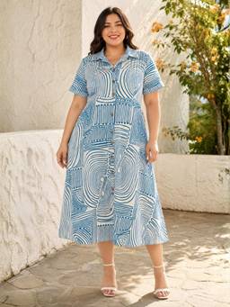 Indietoga - Women Plus Size Line Print Cotton A-Line Dress Blue