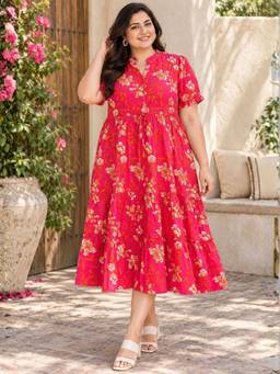 Indietoga - Women Plus Size Floral Printed Cotton Fit And Flare Tiered Dress