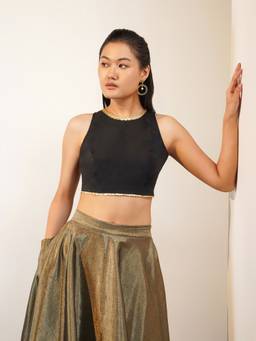 Pink Fort - Viscose Silk Solid Halter Neck Blouse - Black