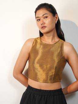 Pink Fort - Viscose Silk Solid Halter Neck Blouse - Gold
