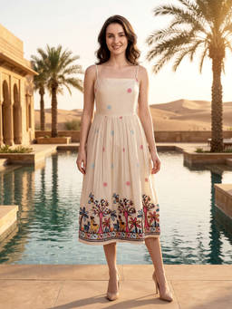 PURVAJA - Womens Fit And Flared Sleeveless Square Neck Embroidered Dress Cream