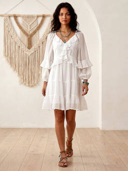 PURVAJA - Womens Ruffled Fit And Flared Mini Full Sleeves V-Neck Solid Dress White
