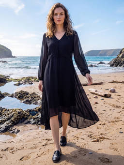 PURVAJA - Womens Ruffled Fit And Flared Full Sleeves V-Neck Solid Dress Black