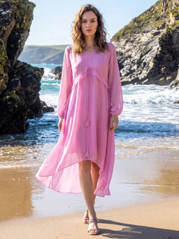 PURVAJA - Womens Ruffled Fit And Flared Full Sleeves V-Neck Solid Dress Pink