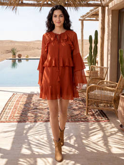 PURVAJA - Womens Ruffled Fit And Flared Mini Bell Sleeves Round Neck Solid Dress Rust