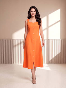 PURVAJA - Womens Shirt Style Length Sleeveless Solid Dress Orange