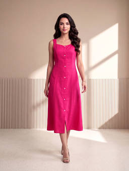 PURVAJA - Womens Shirt Style Length Sleeveless Solid Dress Magenta