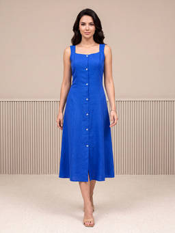 PURVAJA - Womens Shirt Style Length Sleeveless Solid Dress Blue