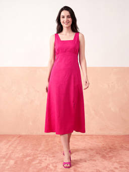 PURVAJA - Womens Fit And Flared Sleeveless Square Neck Solid Dress Magenta