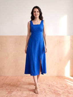 PURVAJA - Womens Fit And Flared Sleeveless Square Neck Solid Dress Blue