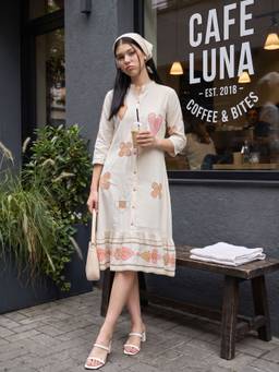 ZUMMER - Cotton Off White Geometric Embroidered Dress