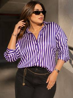 CURVY STREET - Striped Satin Shirt Purple