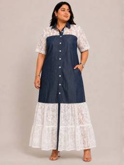 STYLLEY - Plus Size Blue Denim Lace Detail Dress