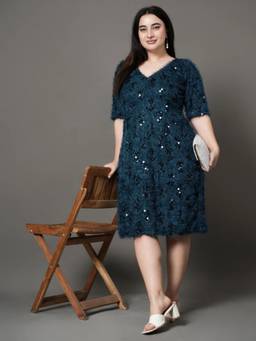 STYLLEY - Plus Size Teal Embellished V-Neck Dress