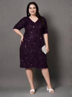 STYLLEY - Plus Size Wine Embellished V-Neck Dress