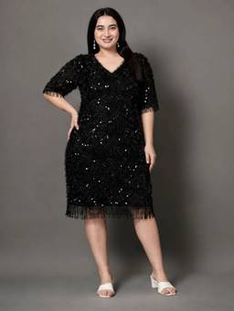 STYLLEY - Plus Size Black Sheen Sequin Embellished Dress