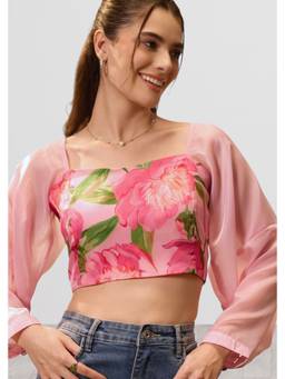 VALERE - Pink Floral Print Sheer Sleeve Crop Top With Tie-Back