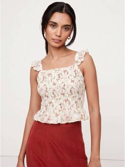 VALERE - Ivory Floral Print Cotton Smocked Peplum Top