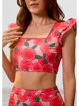 VALERE - Red Rose Print Cotton Ruffle Sleeve Crop Top