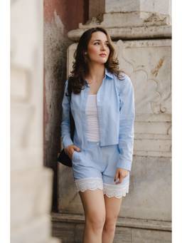 VALERE - Sky Blue Cotton Shirt With Lace Trim Sleeves