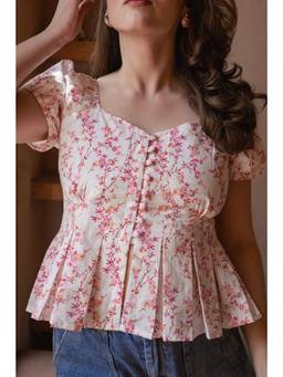 VALERE - Floral Print Cotton Sweetheart Neck Peplum Top