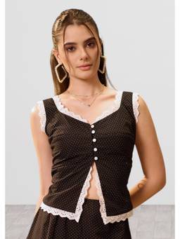 VALERE - Black Polka Dot Cotton Fitted Top With Lace Trim