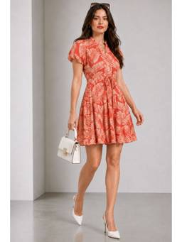 Virgio - Printed Viscose Fit Flare Tiered Mini Dress For Women Orange