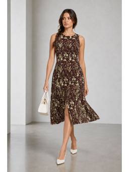 Virgio - Printed Cotton Round Neck Button Front Dress For Women Brown