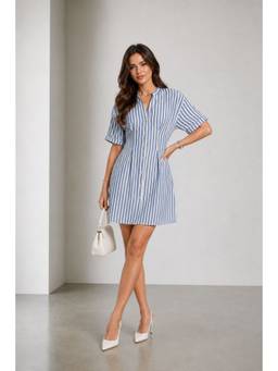 Virgio - Striped Cotton Mandarin Collar Mini Dress For Women Blue