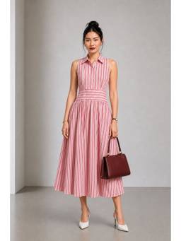 Virgio - Striped Cotton Collared Waist Panel Dress For Women Pink