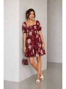 Virgio - Printed Cotton Tiered Mini Dress For Women Maroon