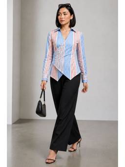 Virgio - Striped Cotton Stripped Wrap Detail Shirt For Women Blue