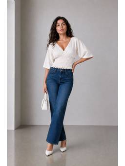 Virgio - Solid Ivory Smocked Waist V Neck Top For Women