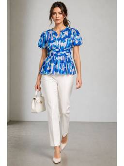 Virgio - Printed Cotton Pintuck Detail Peplum Top For Women Blue