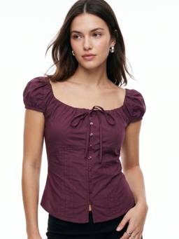 Outzidr - Wine Tie-Up Neck Puff Sleeve Top