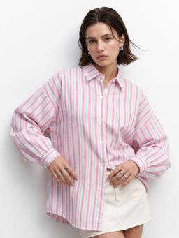 Outzidr - Pink Striped Button Down Shirt With All Over
