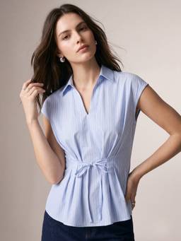 Outzidr - Blue Peplum Fit Blouse With Pleat Detail