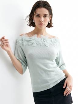 Outzidr - Blue Top With Floral Corsages And Side Ruching