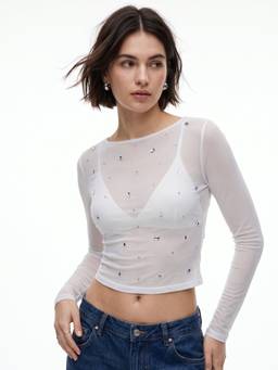 Outzidr - White Studded Top With Sheer Mesh Sleeves